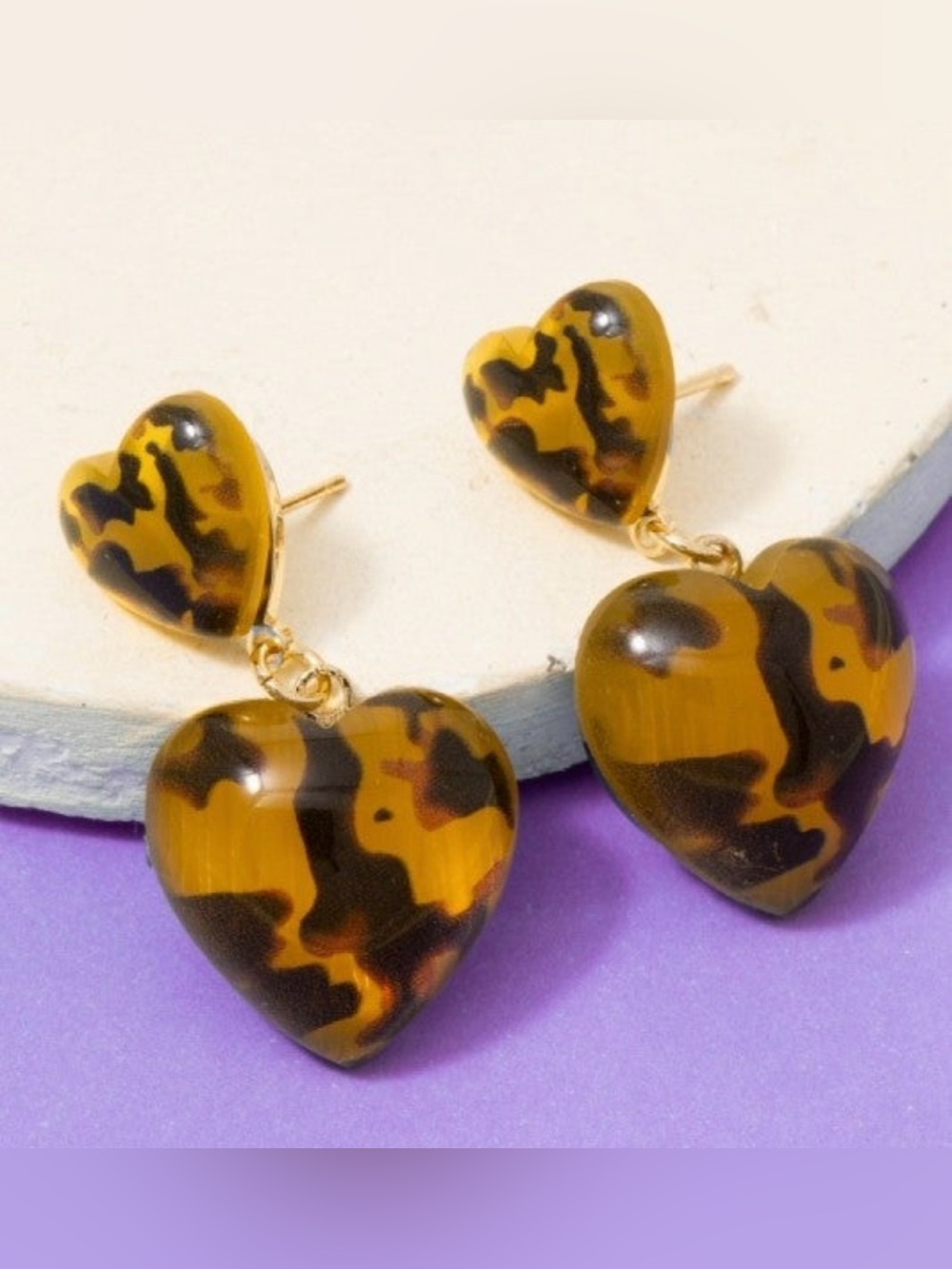 Tortoiseshell Heart Drop Earrings - Brown Heart Dangle Studs